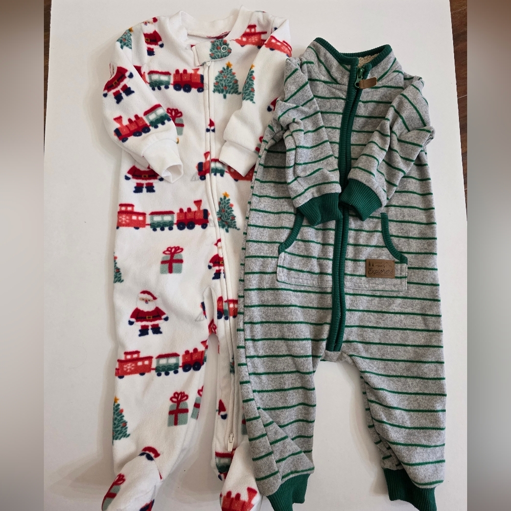 Carter's White Baby Sleeper with Red, Green and Navy Holiday Train